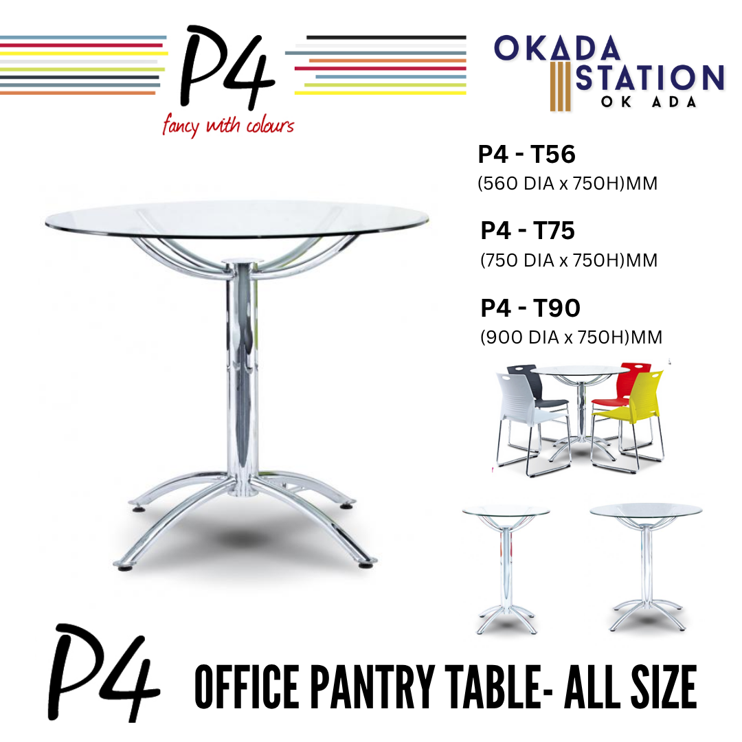 P4 OFFICE PANTRY ROUND GLASS TABLE-ALL SIZE / P4 SERIES / MEETING TABLE / PANTRY TABLE / WAITING TABLE / TEMPERED GLASS TABLE / ROUND TABLE / TRAINING TABLE / 560MM / 750MM / 900MM / P4-T56 / P4-T75 / P4-T90