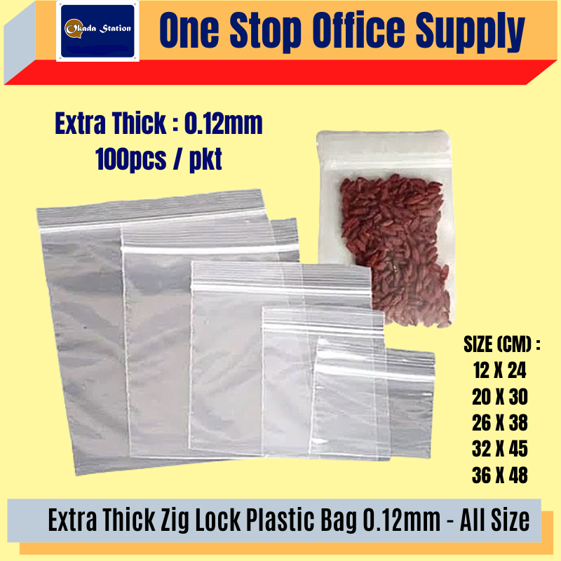 OKADA EXTRA THICK ZIG LOCK PLASTIC BAG 0.12MM (100PCS/PACK) - ALL SIZE / ZIG BAG / PLASTIC BAG / FOOD BAG / FRESH KEEP BAG / STORAGE BAG / ZIG LOCK BAG / RESEALABLE ZIG PLASTIC BAG
