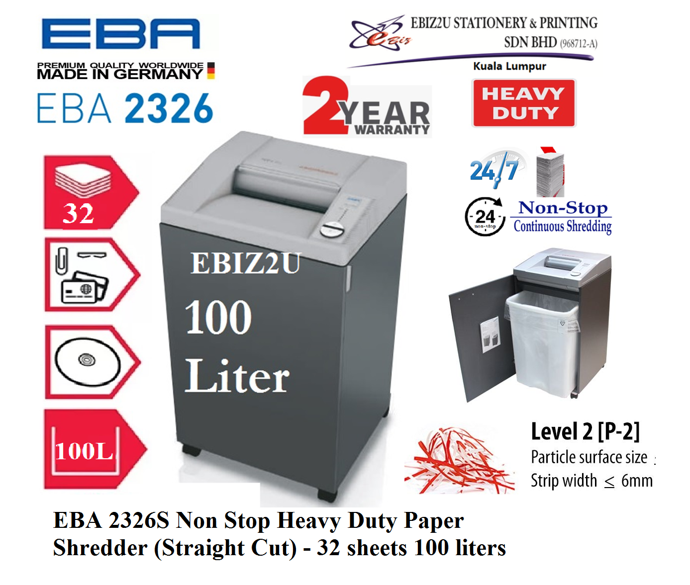 EBA 2326S Non Stop Heavy Duty Paper Shredder (Straight Cut) - 32 sheets 100 liters 2326 (Non Stop Paper Shredder, Shredder Machine, Paper Shredder, Mesin Penghancur Kertas, Heavy Duty Shredder, Heavy Duty Paper Shredder)