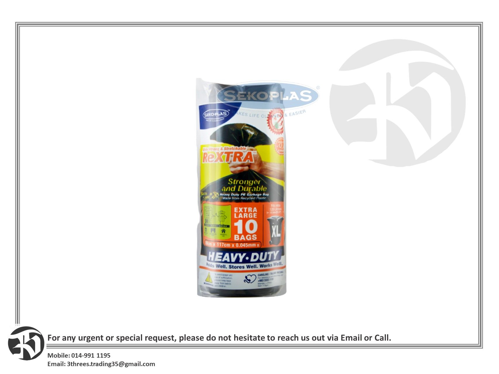 SEKOPLAS ReXTRA HDPE garbage bag - XL (10 pieces x 16 rolls) 0.045mm x 89cm x 117cm
