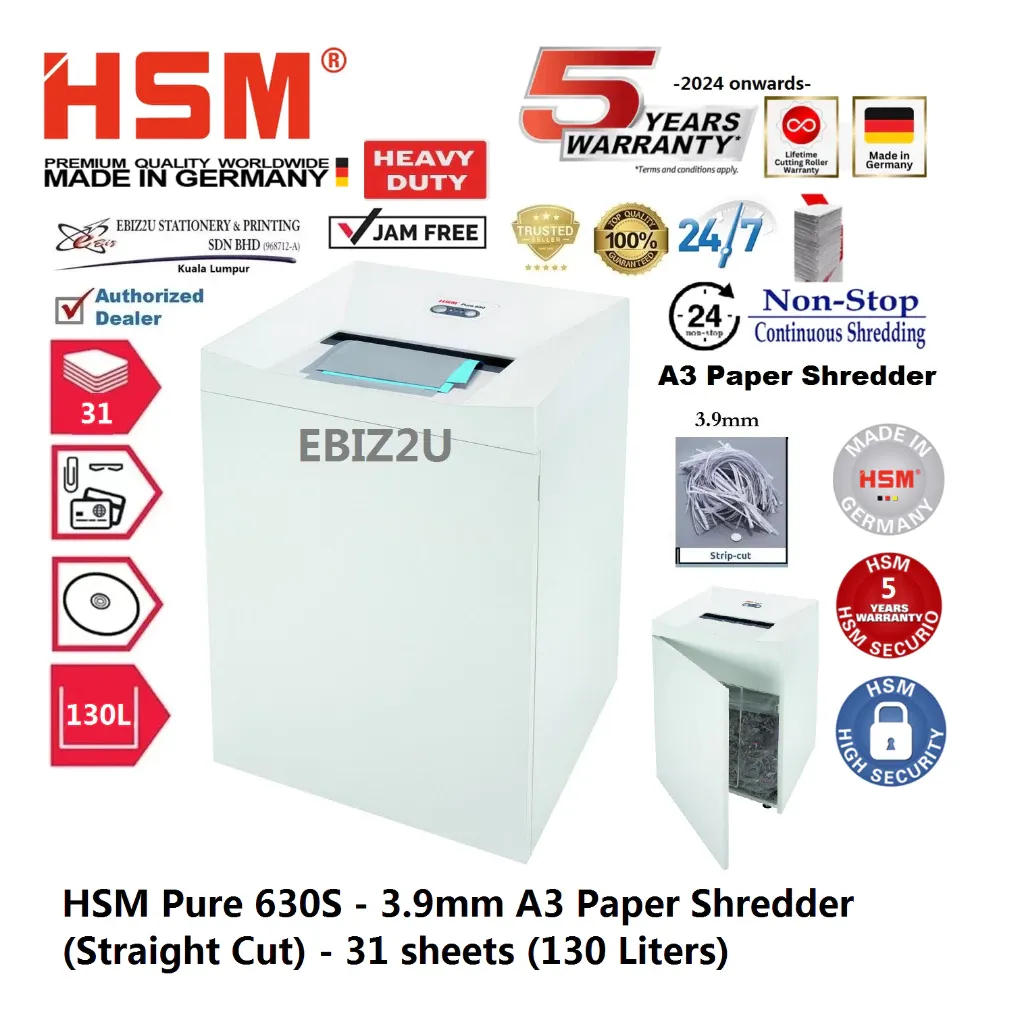 HSM Pure 630S - 3.9mm A3 Paper Shredder (Straight Cut) - 31 sheets (130 Liters)