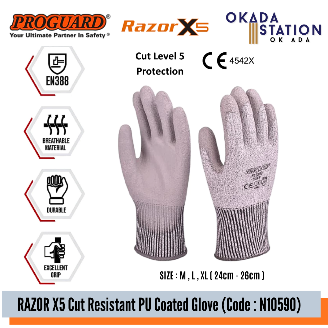 PROGUARD - RAZOR X5 CUT RESISTANT PU COATED GLOVE / GENERAL GLOVES / CUT RESISTANT GLOVE / PU COATED GLOVE / STEEL INDUSTRY GLOVE / PRECISION WORK GLOVE / HAND PROTECTION / GLOVE / N10590