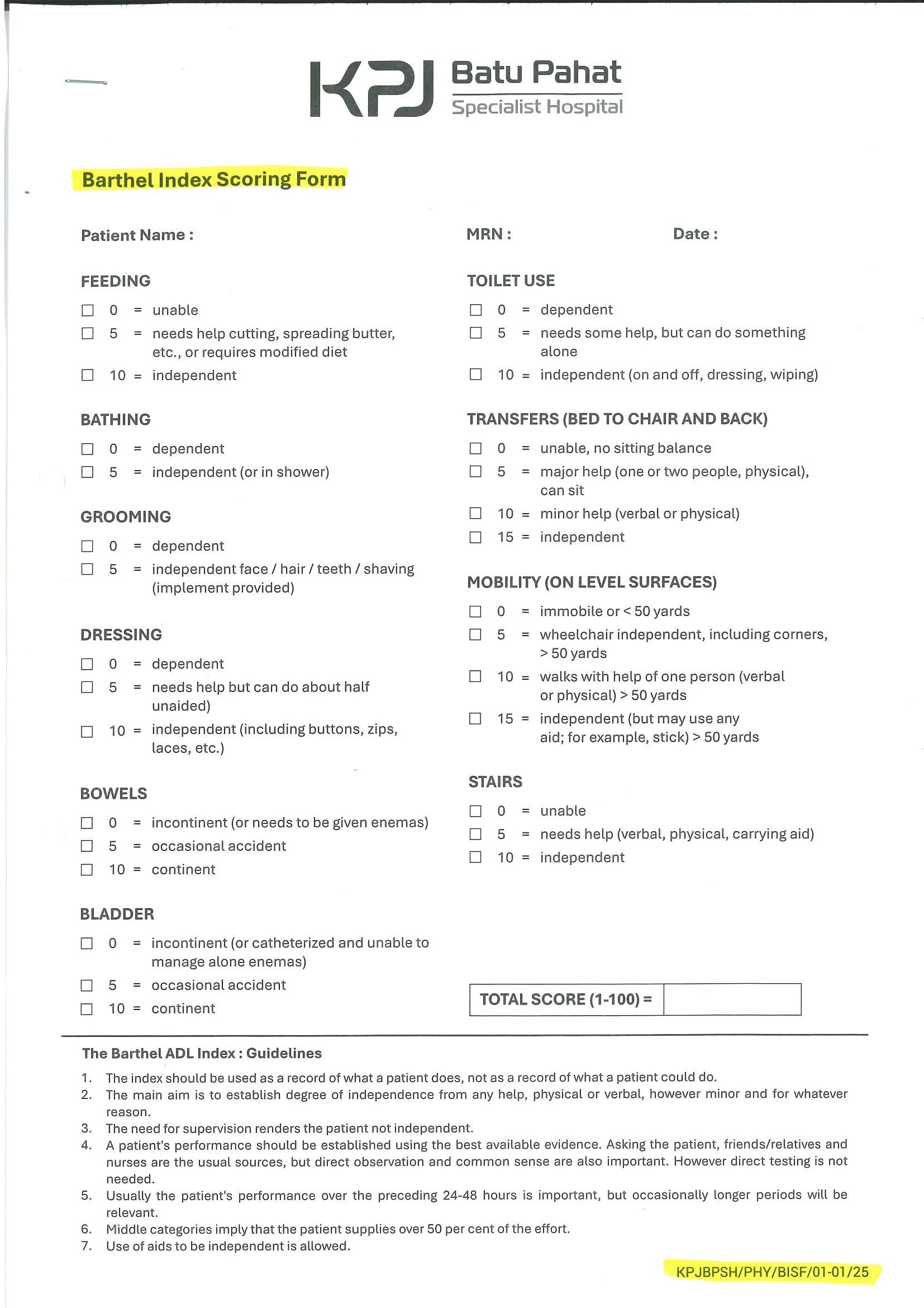 Barthel Index Scoring Form