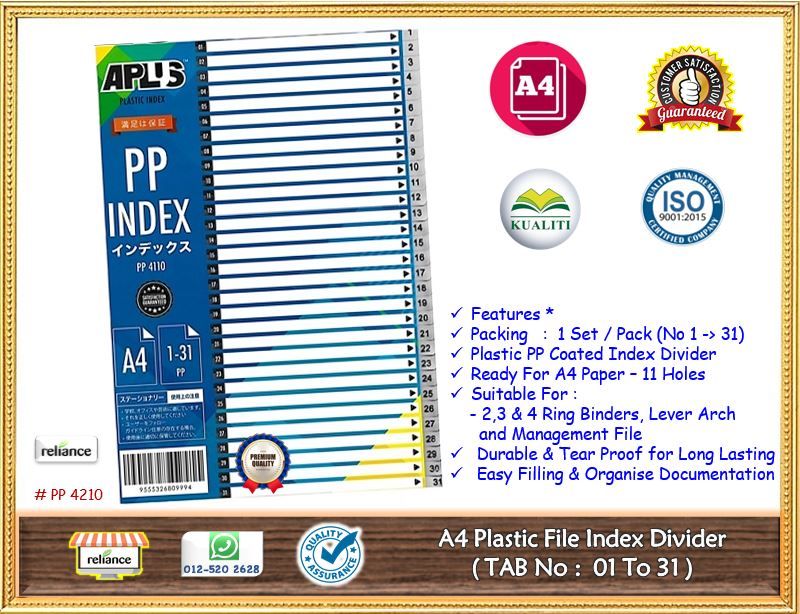 Plastic Index Divider A4 ( TAB No : 1 To 31 ) / Plastic Index Divider Kertas Indek / PP Index Divider / Fail Indek Pembahagian # Date Index # Document Index # File Divider#Document Divider # APLUS PP 4210 # RP0667 (KTT : 1 Paket @ 1 Set x 31 Sheets)