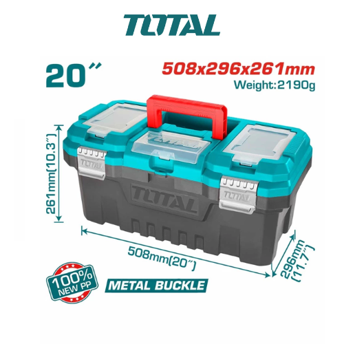 TOTAL Plastic Tool Box w/Metal Buckle + 3 Top Compartments 20" TPBX0202