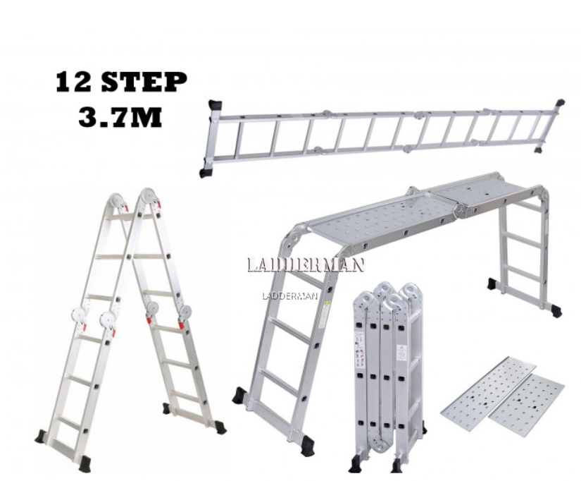 M37MLWP 12 STEP MULTIPURPOSE ALUMINIUM LADDER WITH WALKING PLATFORM 3.7M