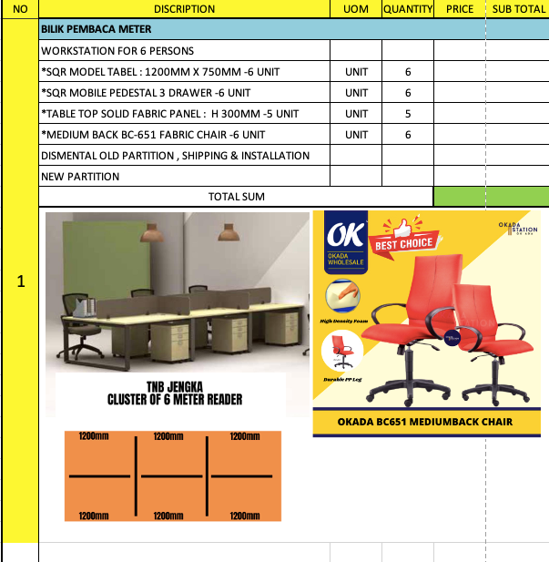 OK CLUSTER OF 6 SET FOR METER READER COMPLETED WITH MOBILE PEDESTAL & CHAIR / WORKSTATION / TABLE TOP PANEL / OFFICE TABLE / 6 SEAT / OFFICE CHAIR