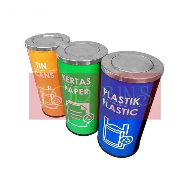 SS106-B |CM3| Black Powder Coated Recycle Bin Round c/w Flip Top (3-In-1) / 3R RECYCLE BIN / DUSTBIN