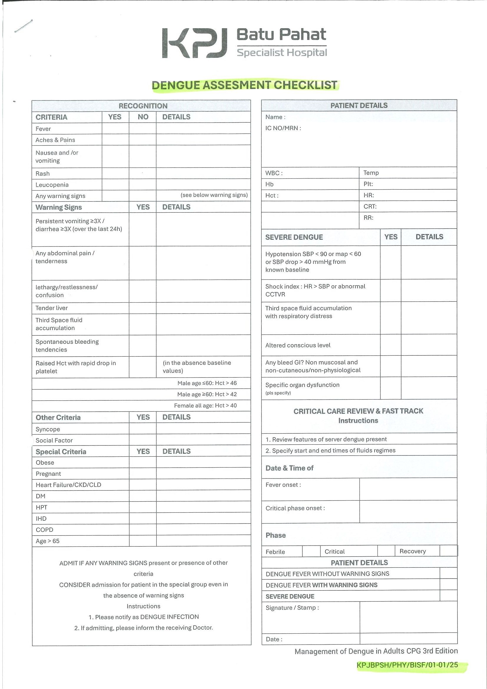 Denguie Assesment Checklist