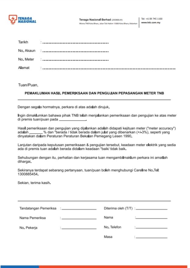 FORM PEMAKLUMAN HASIL PEMERIKSAAN DAN PENGUJIAN PEPASANGAN METER+2 PLY NCR (PREPRINT)