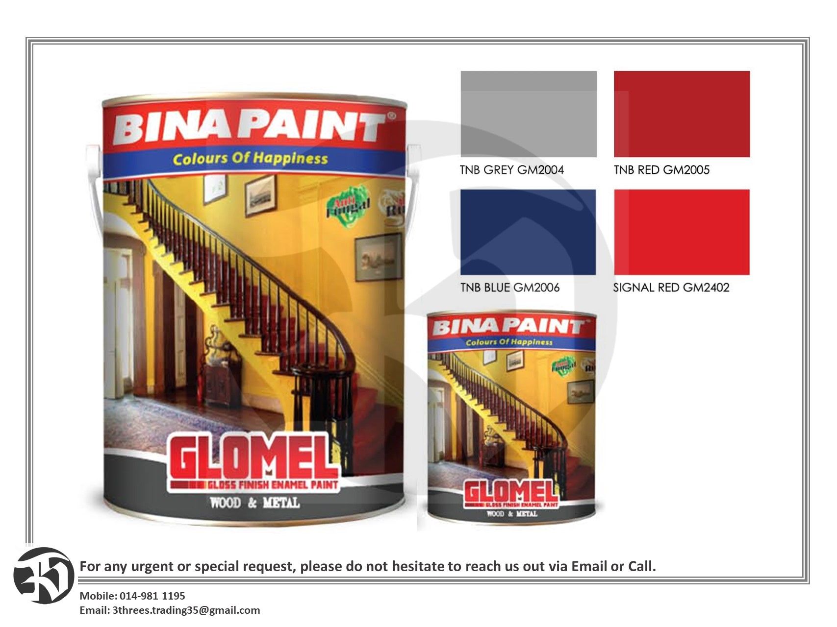 Bina Paint Gloss Finish Enamel Paint (Wood & Metal Paint) 1L/5L - TNB Colours