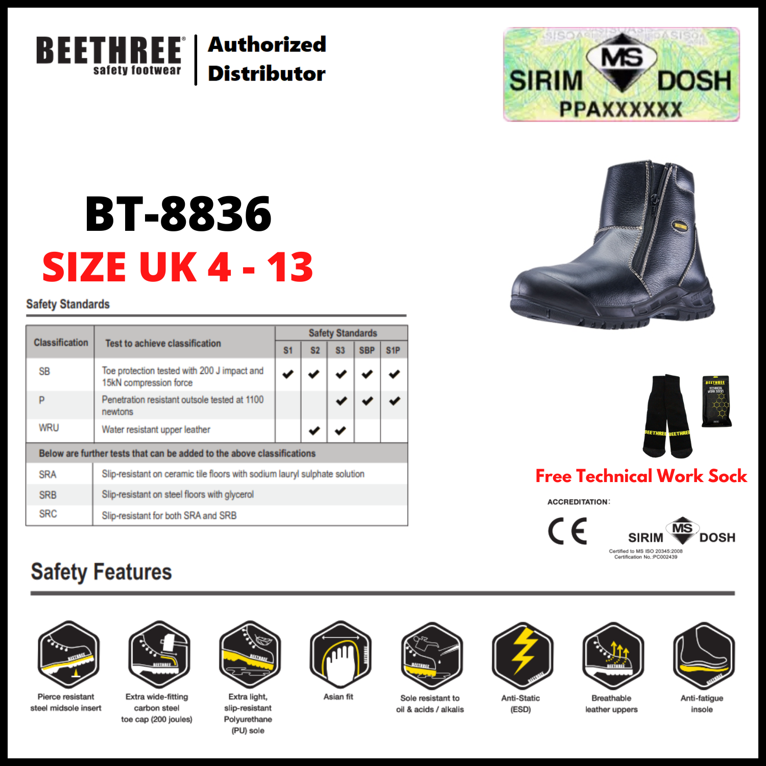 BEETHREE SAFETY FOOTWEAR BT-8836 7-inch Zip-Up Ankle Boots
