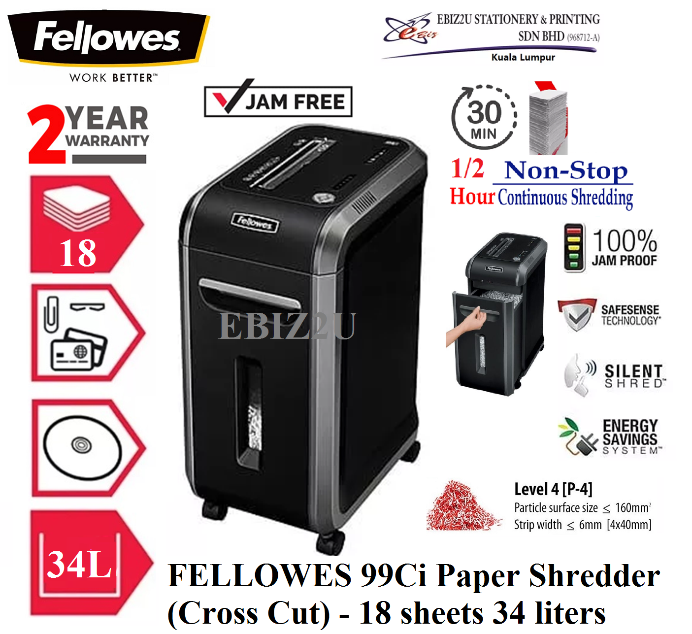 FELLOWES 99Ci Paper Shredder (Cross Cut - 3.9 x 38mm) - 18 sheets 34 liters,(30 mins non stop, Cross Cut, Paper Shredder, Shredder Machine, Office Shredder, Heavy Duty Shredder, Mesin Penghancur Kertas)