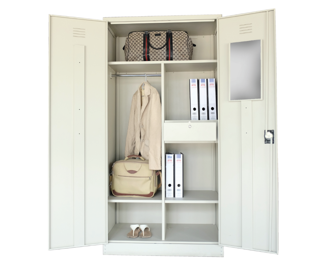 STERLING FULL HEIGHT WARDROBE WITH STEEL SWINGING DOOR C/W 1 CLOTH HANGING BAR, 3 FIXED SHELVES, 1 DRAWER WITH CAMLOCK & 1 MIRROR (S198)