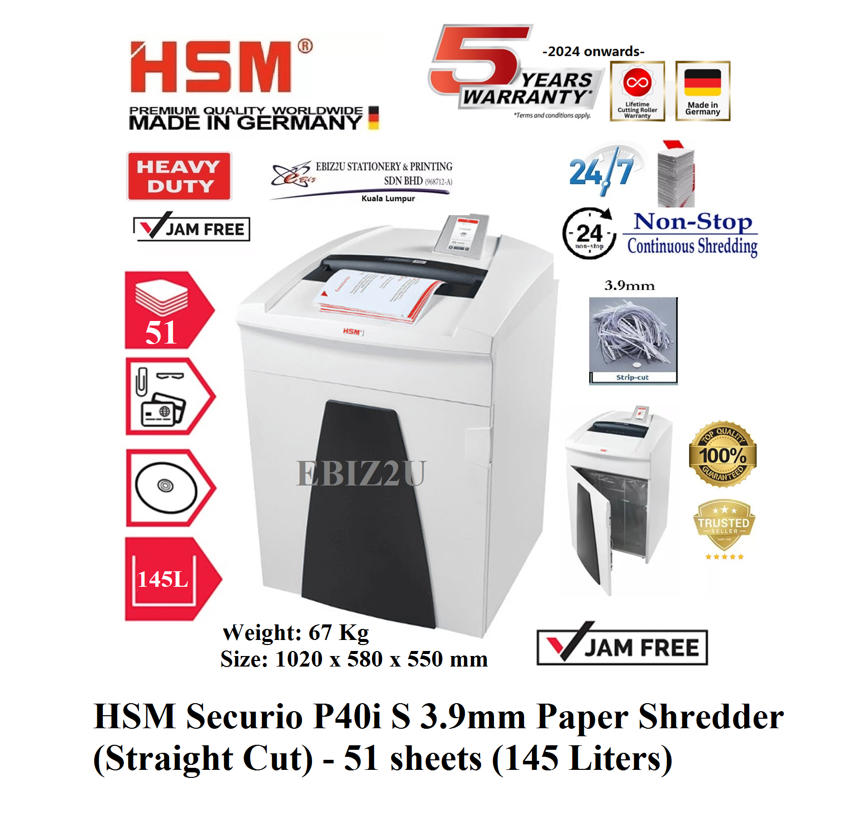 HSM Securio P40i S 3.9mm Paper Shredder (Straight Cut) - 51 sheets (145 Liters) (non stop, Strip Cut, Straight Cut, Paper Shredder, Shredder Machine, Office Automation, Office Shredder, Mesin Penghancur Kertas, Heavy Duty Shredder