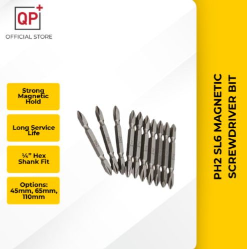PH2 SL6 45MM & 65MM & 110MM MAGNETIC SCREWDRIVER BIT  ¼” HEX SHANK PHILLIPS SLOTTED l PEMUTAR SKRU-PH2 (+/+),110MM