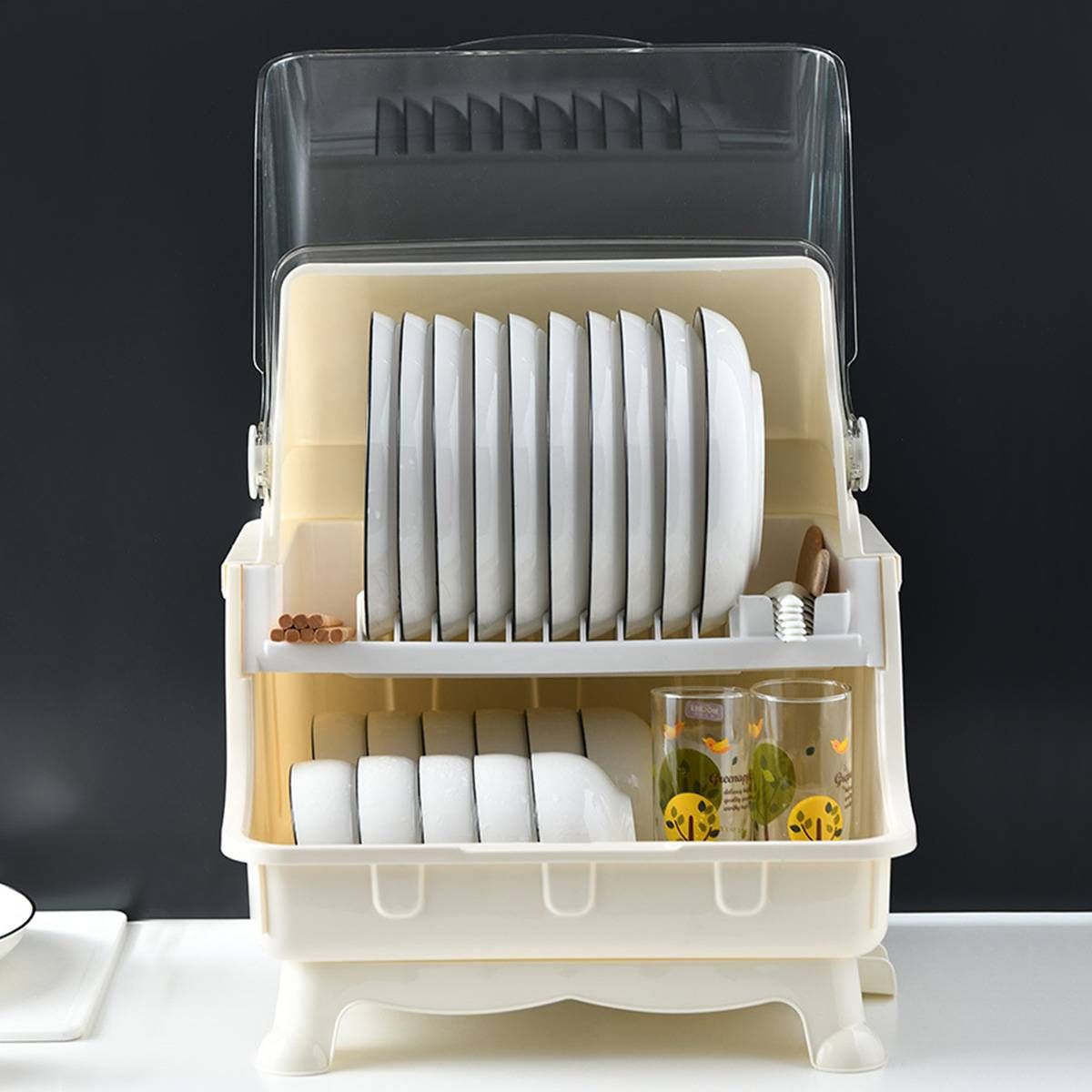 DOUBLE LAYER DUST-PROOF PLASTIC KITCHEN DISH RACK STORAGE BOX