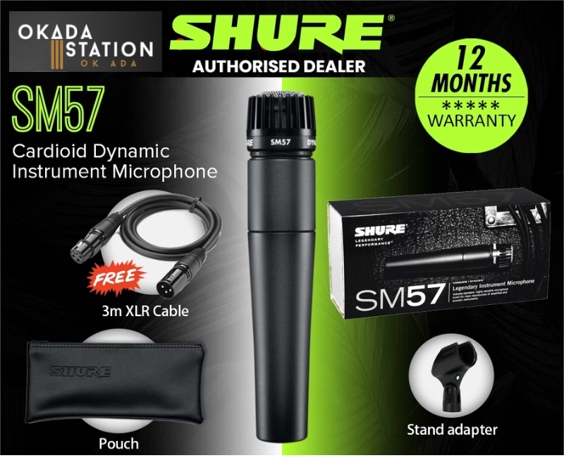 SHURE SM57-LC DYNAMIC INSTRUMENT MICROPHONE INCLUDES STAND ADAPTER, ZIPPERED CARRYING CASE (SM57 / SM-57 / SM57LC)