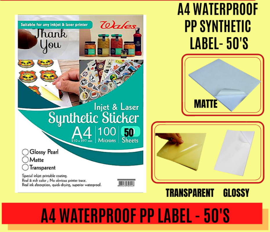 A4 WATERPROOF PP SYNTHETIC LABEL-50'S / WATERPROOF / MATTE / TRANSPARENT / GLOSSY / STICKER / A4
