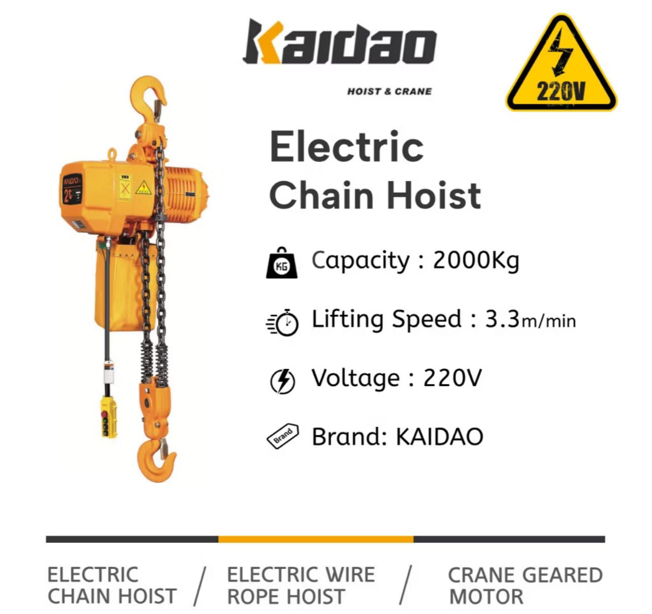 KAIDAO Electric Chain Hoist 2000 Kg - HKD0202SIP (220V)