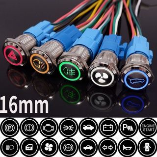 16mm Customizable Symbols Metal Push Button Switch With LED Lamp Flat Round Button Switch For Car Momentary/Latching 12V