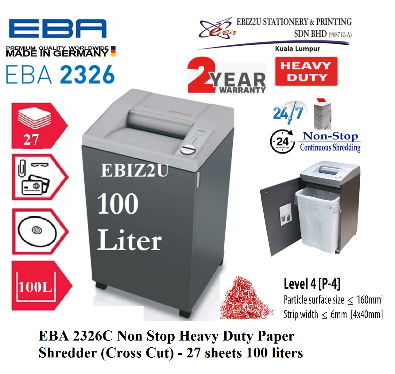 EBA 2326 C Paper Shredder (Cross Cut) - 27 sheets 100 liters (Non Stop, Cross Cut, Paper Shredder, Shredder Machine, Office Shredder, Mesin Penghancur Kertas, Heavy Duty Shredder, Heavy Duty Paper Shredder)
