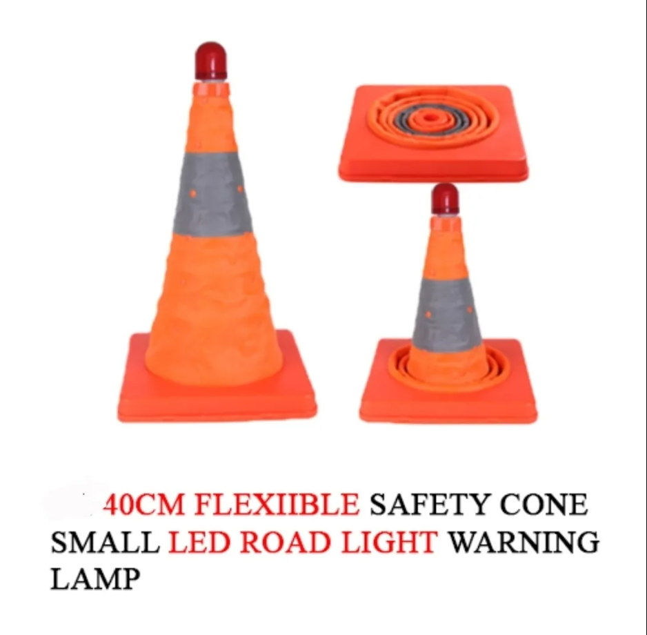 FLEXIIBLE SAFETY CONE 40CM WITH ROAD LIGHT WARNING LAMP[SMALL LED]