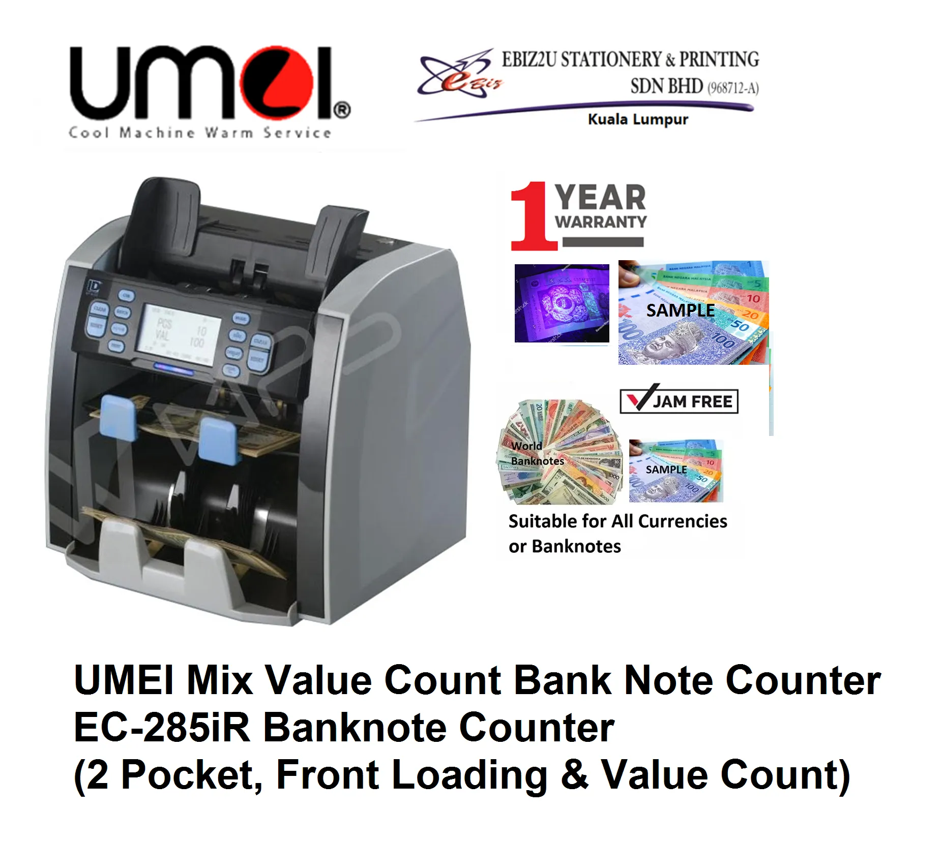 UMEI Mix Value Count Bank Note Counter EC-285iR Banknote Counter (2 Pocket, Front Loading & Value Count) (note counter machine, Banknote Counter, Bill Counter, Money Counting Machine, Money Notes Counter, Money counter Machine, Cash Machine)