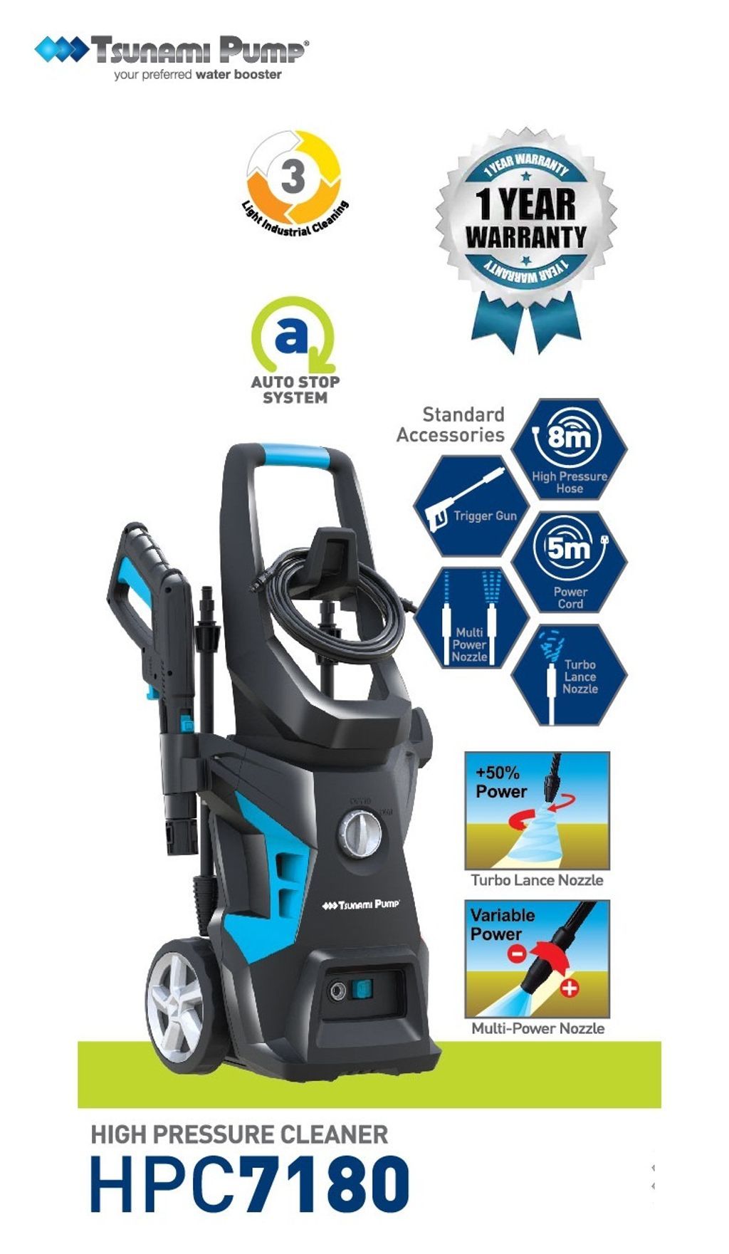 Tsunami 2200w/170bar High Pressure Cleaner HPC7180 | Water Jet Sprayer