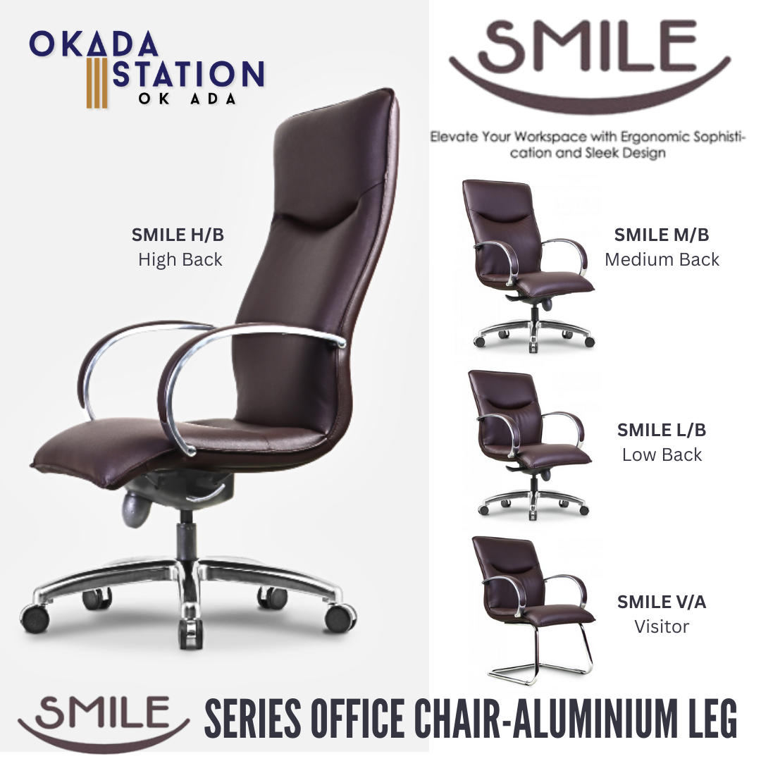SMILE ERGONOMIC OFFICE CHAIR - ALL SIZE / CHROME SERIES / OFFICE CONFERENCE CHAIR / OFFICE SWIVEL CHAIR / EXECUTIVE CHAIR / DIRECTOR CHAIR / OFFICE CHAIR / ALUMINIUM BASE / FABRIC / PU LEATHER / SMILE