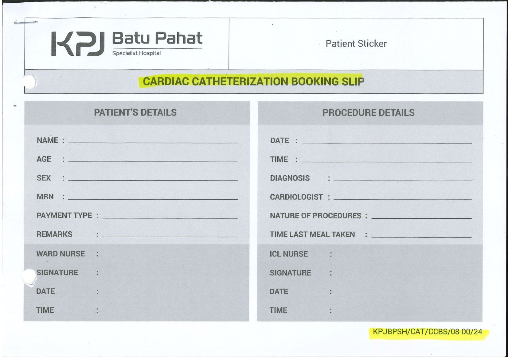 Cardiac Catheterization Booking Slip