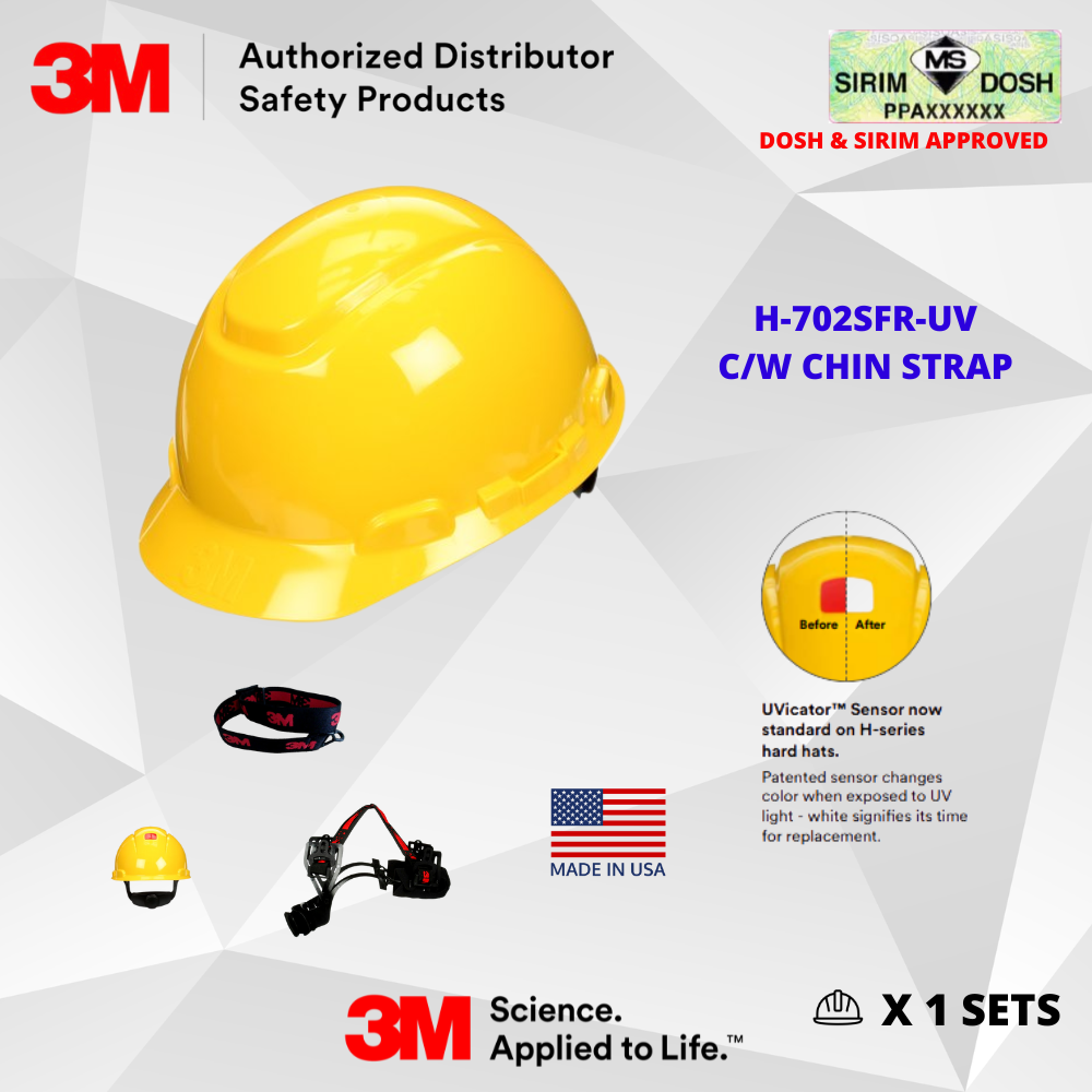 3M Safety Helmet 701, 702, 703, 704, 705, 706, 707, 708, 709SIRIM AND DOSH Approved JKKP/2022/12-01/00007 3M™ SecureFit™ Hard Hat Half Brim H-700SFR-UV, 4-Point Pressure Diffusion Ratchet Suspension, with Uvicator Come with Chinstrap, Safety Helmet
