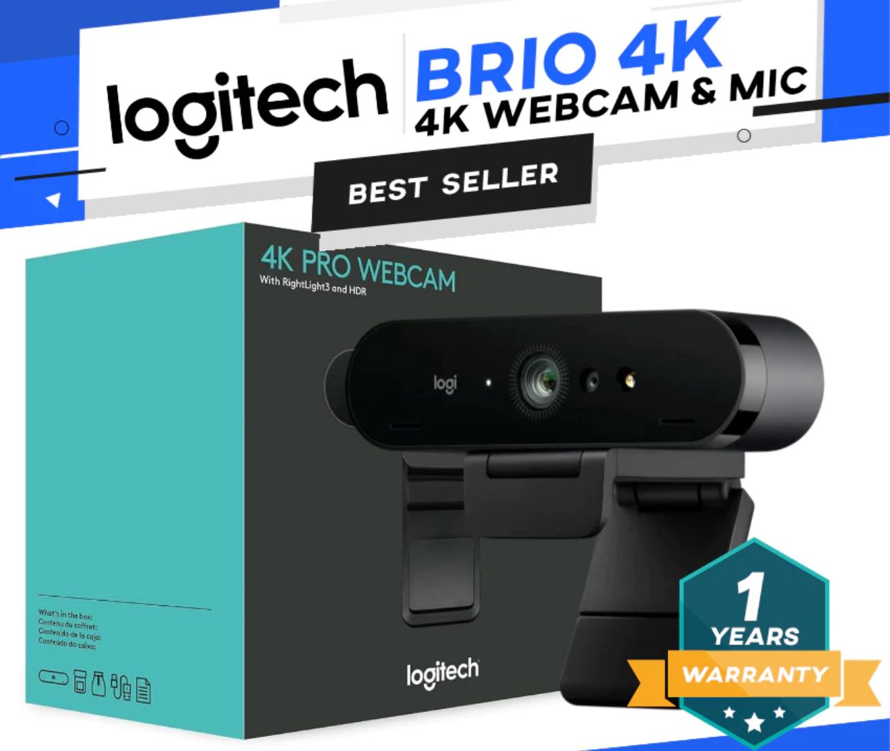 Logitech BRIO 4K Webcam [HDR/Noise-Canceling Mics/Autofocus/Auto Light Correction]