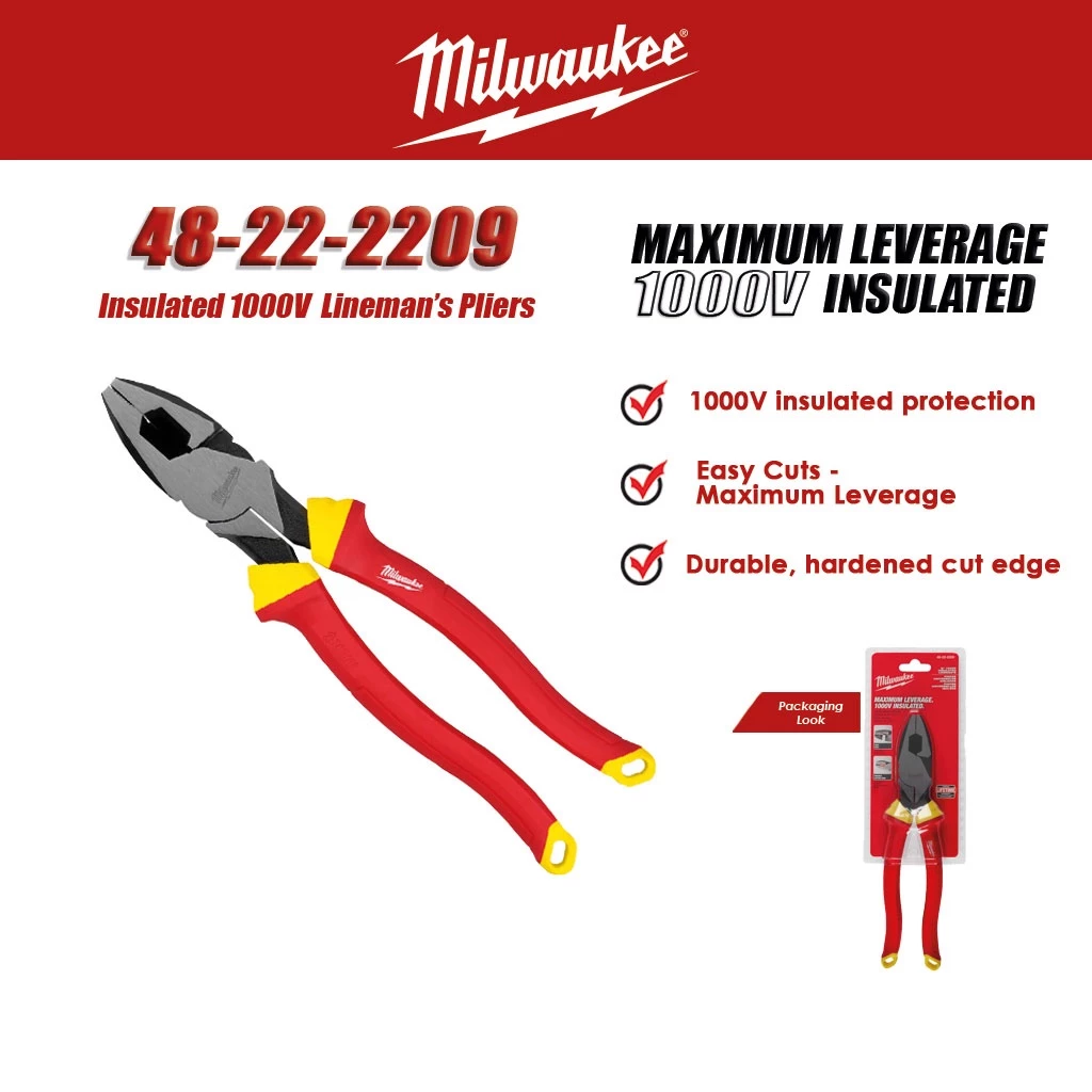 MILWAUKEE 9'' Insulated 1000V Maximum Leverage Linemans Pliers 48-22-2209