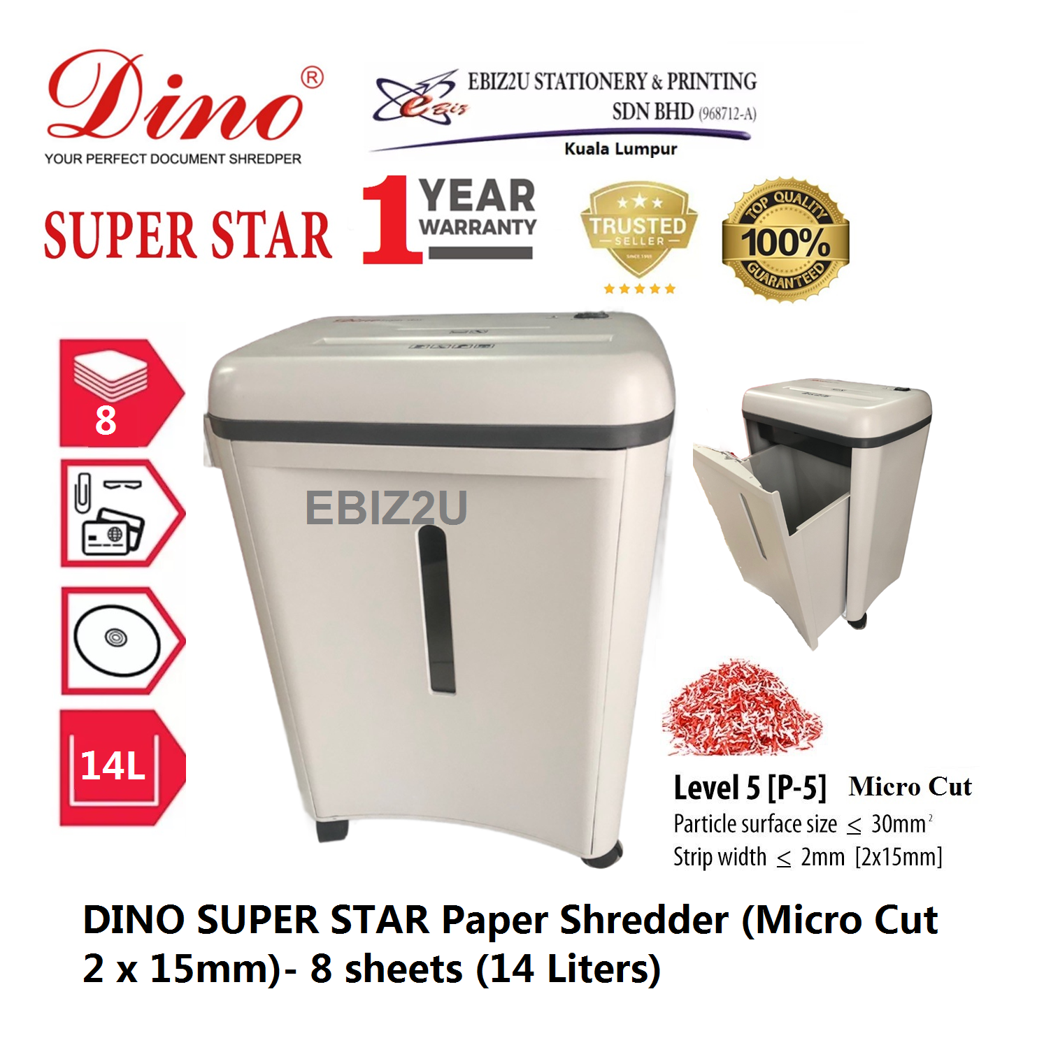 DINO SUPER STAR Paper Shredder (Micro Cut)- 8 sheets (14 Liters) Paper Shredder,Shredder Machine, Stationery,Office Automation,Straight Cut, Cross Cut, Micro Cut, Office Shredder,Mesin Penghancur Kertas