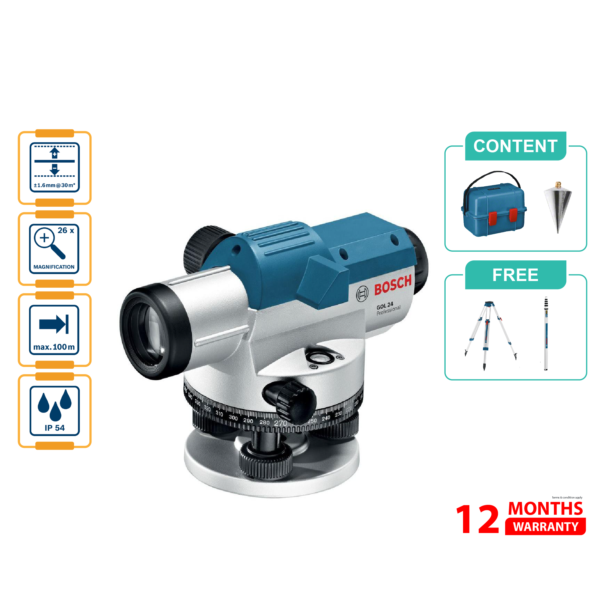 BOSCH GOL 26 D Optical Level (With GR 500 & BT 160) - 0601068000