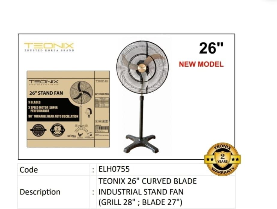 Industrial stand fan Teonix Curved Blade Size: 26", 3 Blades (Model ELH0755)