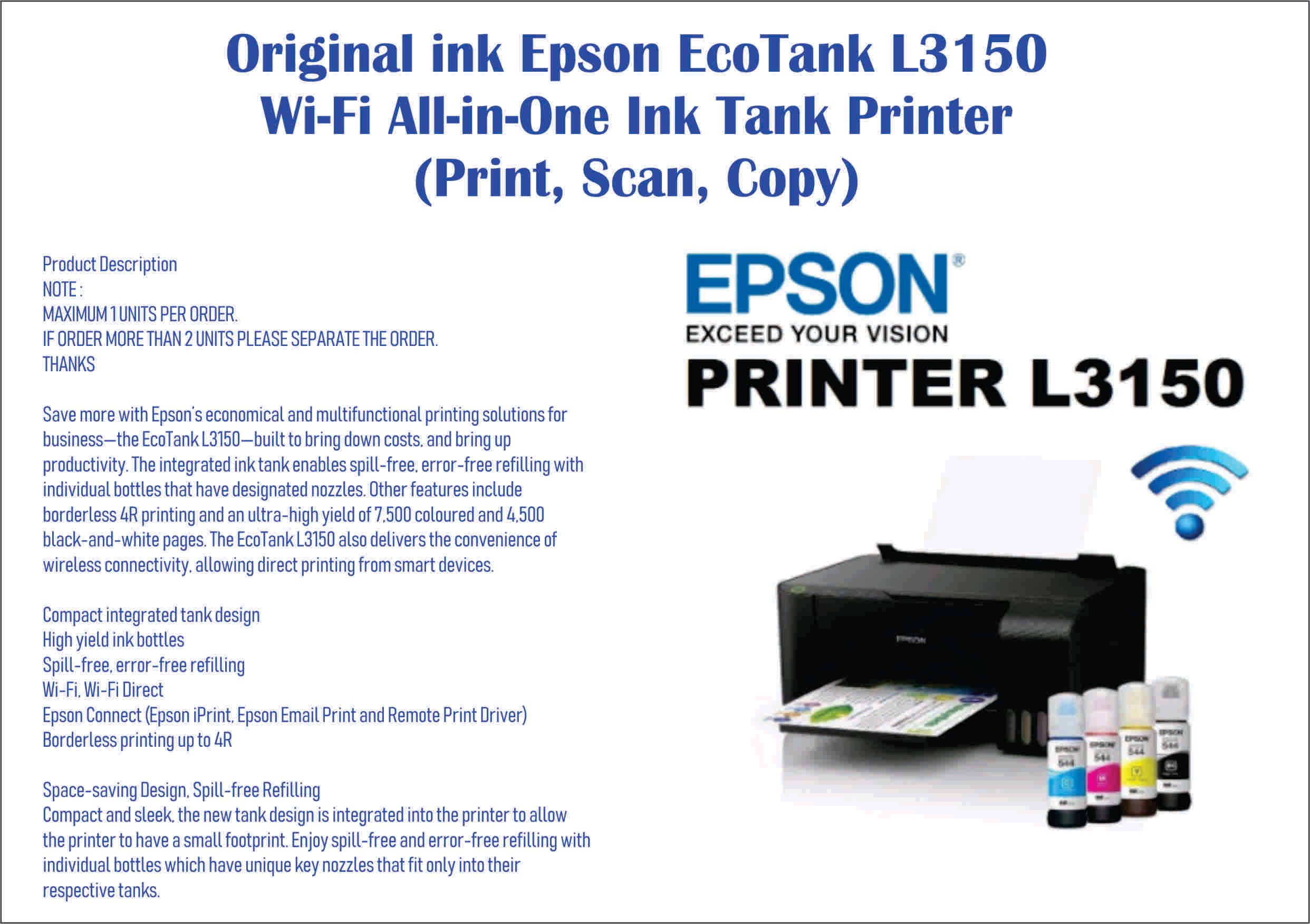 OCHA Epson EcoTank L3150 Wi-Fi All-in-One Ink Tank Printer (Print, Scan, Copy) OCHA Epson EcoTank L3150 Wi-Fi & l3110 (W/O Wifi) All-in-One Ink Tank Printer (Print, Scan, Copy)- FREE DELIVERY SEMENANJUNG ONLY