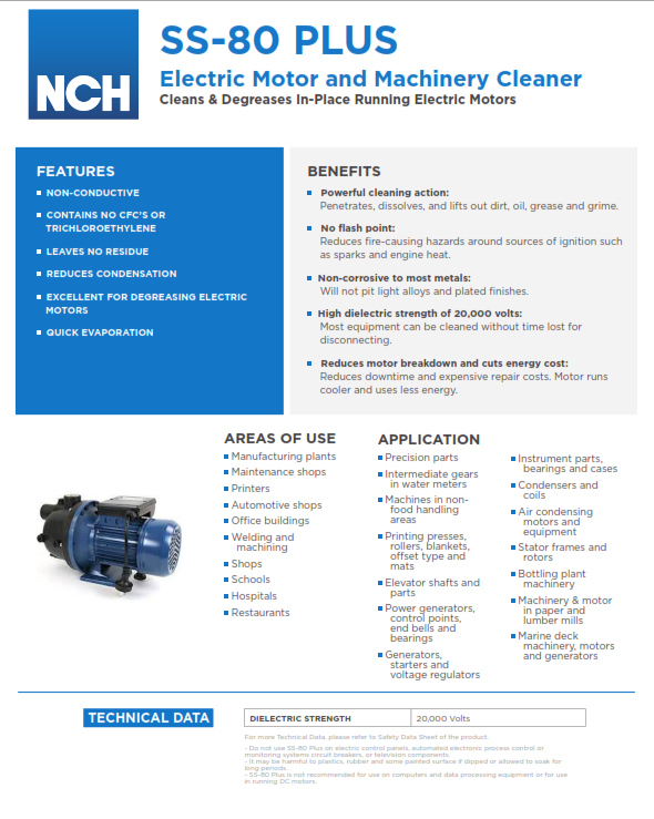 NCH SS-80 PLUS Electric Motor and Machinery Cleaner Cleans & Degreases In-Place Running Electric Motors, PRICE IS 12 CAN PER CASE