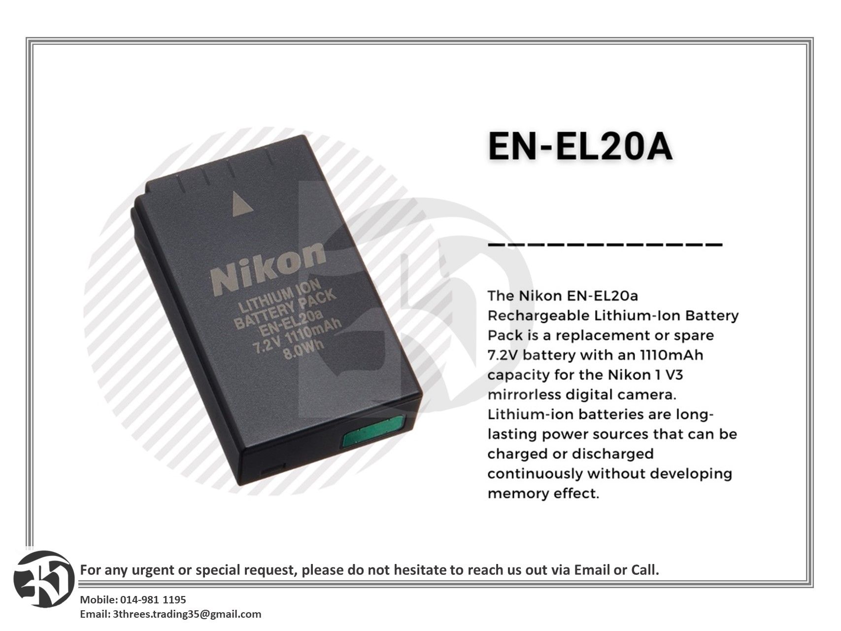 NIKON EN-EL20A RECHARGEBLE BATTERY FOR P1000 & P950