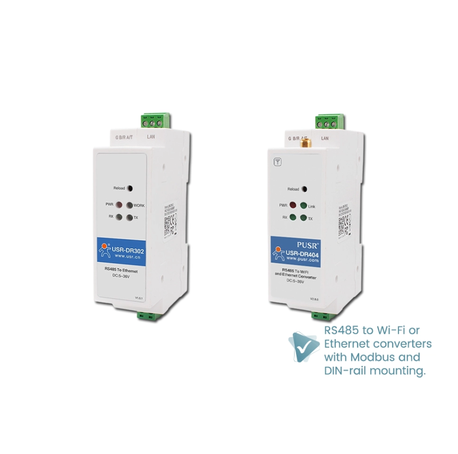 PUSR USR-DR404 & USR-DR302 DIN-RAIL RS485 TO WI-FI/ETHERNET CONVERTERS