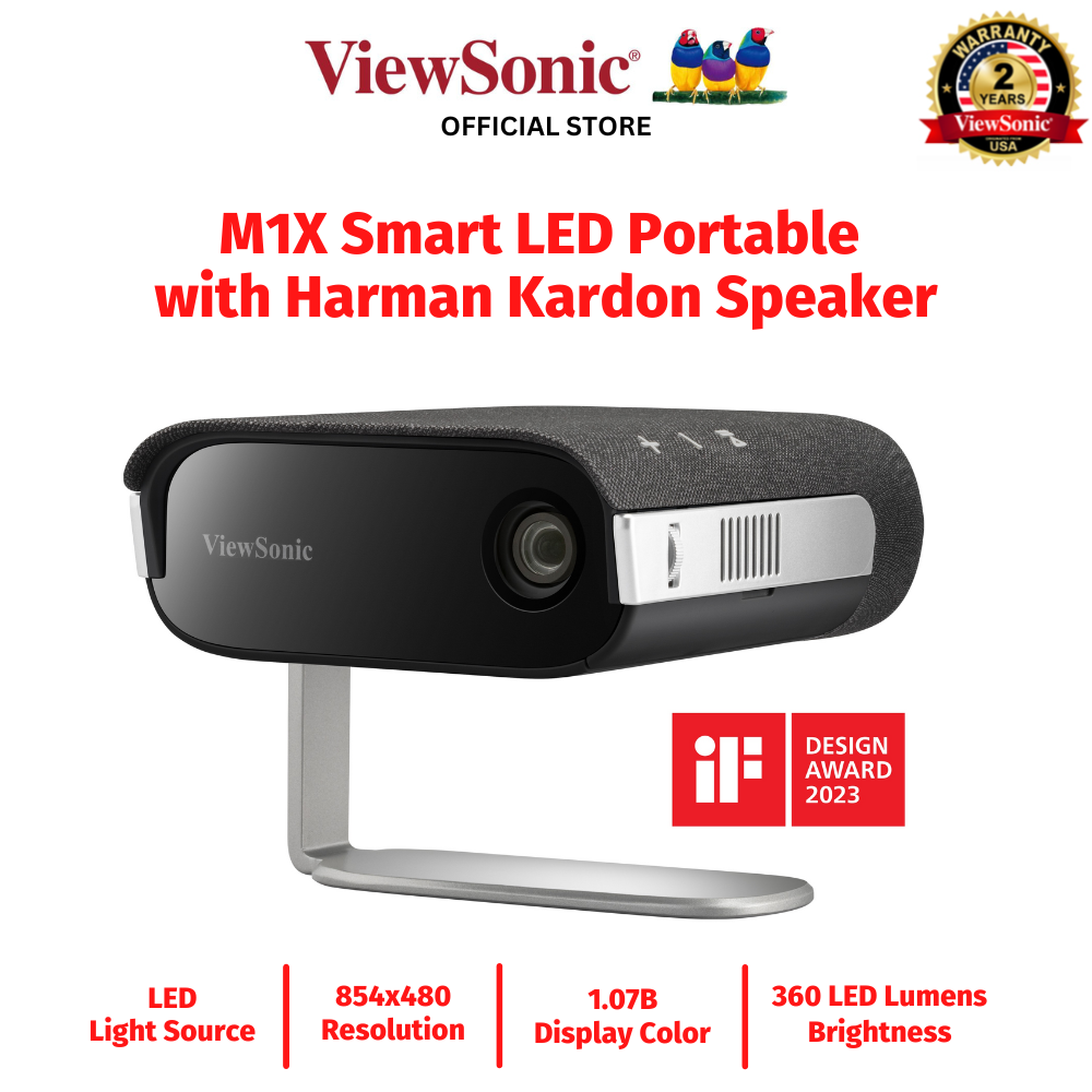 ViewSonic M1X Portable LED Projector with Smart Stand,Harman Kardon Speaker,Built-In Battery,WVGA (854x480p),360Lumens