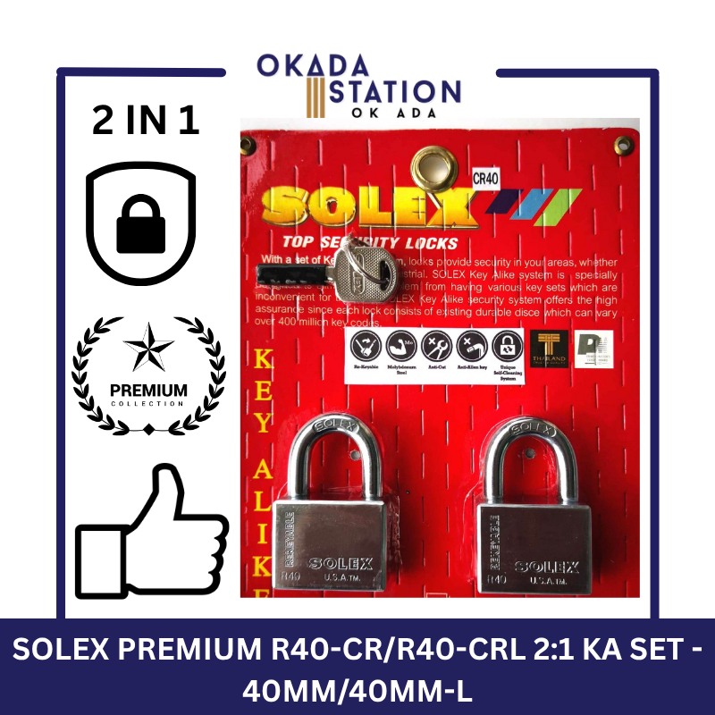 SOLEX PADLOCKS / SIZE 40MM / R40-CR/R40-CRL 2:1 KA SET / KEY-ALIKE / MASTER KEY /SYSTEM PADLOCKS / 100% ORIGINAL / PREMIUM TOP SECURITY / KUNCI - 40MM/40MM-L