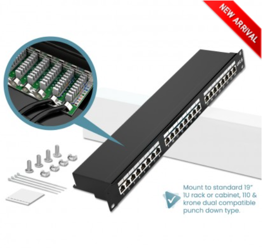 24 Port 1U 19" Punch Down Type Cat6 Full Shielded Patch Panel