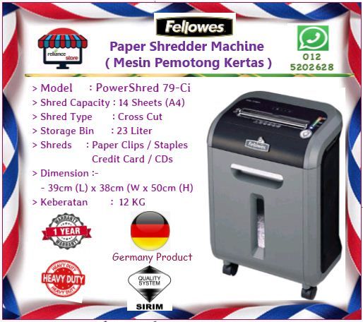 Fellowes Paper Shredder Machine - Powershred 79Ci / Mesin Pemotong Kertas / Mesin Perincih # Heavy Duty # Shred : 14 Helaian Kertas # Shred : Paper Clips / Staples / Credit Card / CDs # Teknologi Jerman # Jaminan : 1 Tahun # RS1291 ( KTT : 1 unit )
