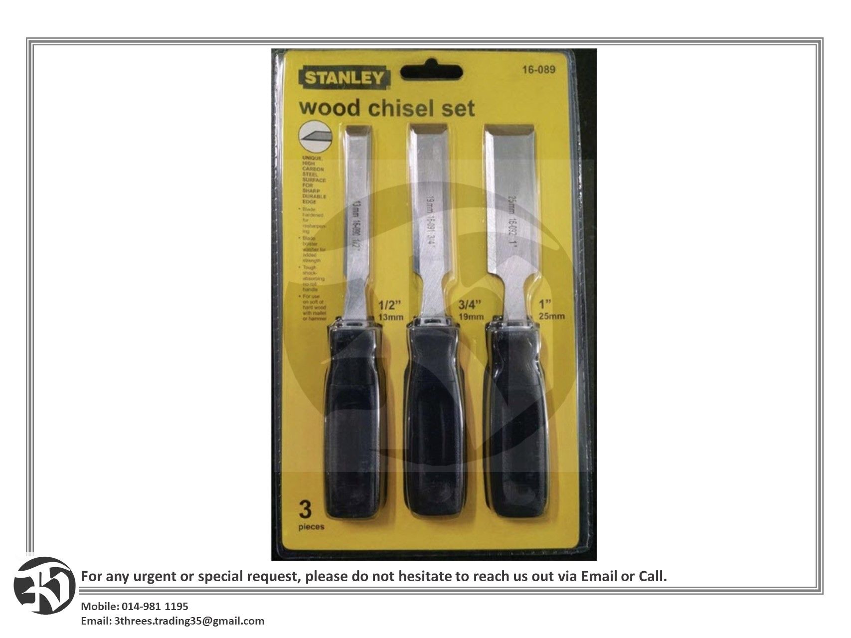 Stanley 3Pcs Wood Chisel Set 16-089 (1/2", 3/4", 1")