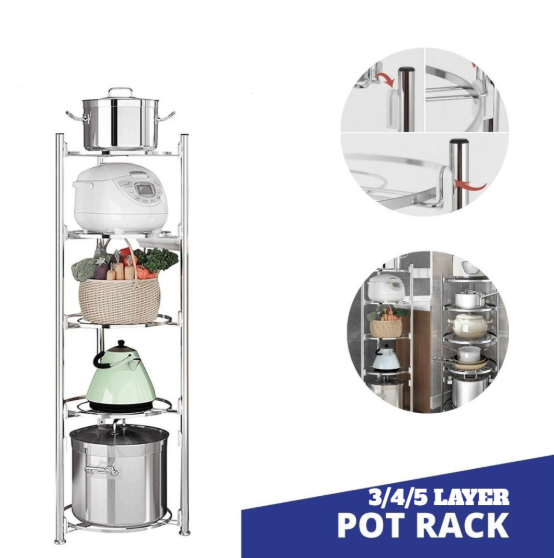 2/3/5 Layer Stainless Steel Kitchen Rack Storage Pan Pot Organizer Rack Silver-1 set 5 layer Pot Organizer-KK