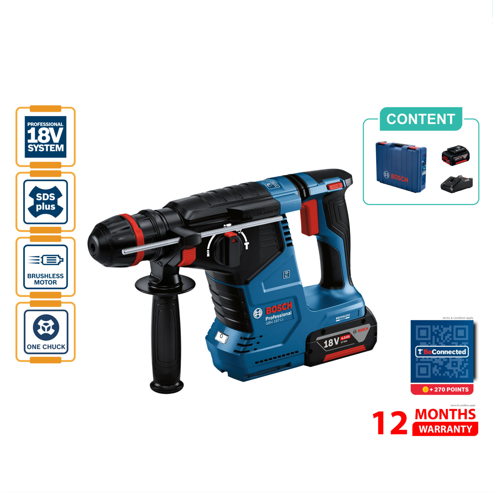 BOSCH GBH 187 LI One Chuck Kit Cordless Rotary Hammer Set - 06119231L0