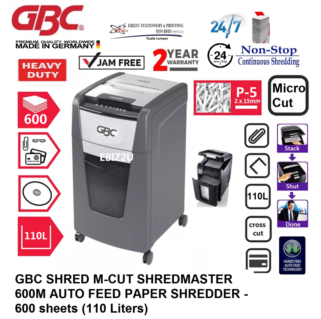 GBC SHRED M-CUT SHREDMASTER 600M AUTO FEED PAPER SHREDDER - 600 sheets (110 Liters) (Micro Cut, Paper Shredder, Shredder Machine, Office Shredder, Heavy Duty Shredder, Mesin Penghancur Kertas)