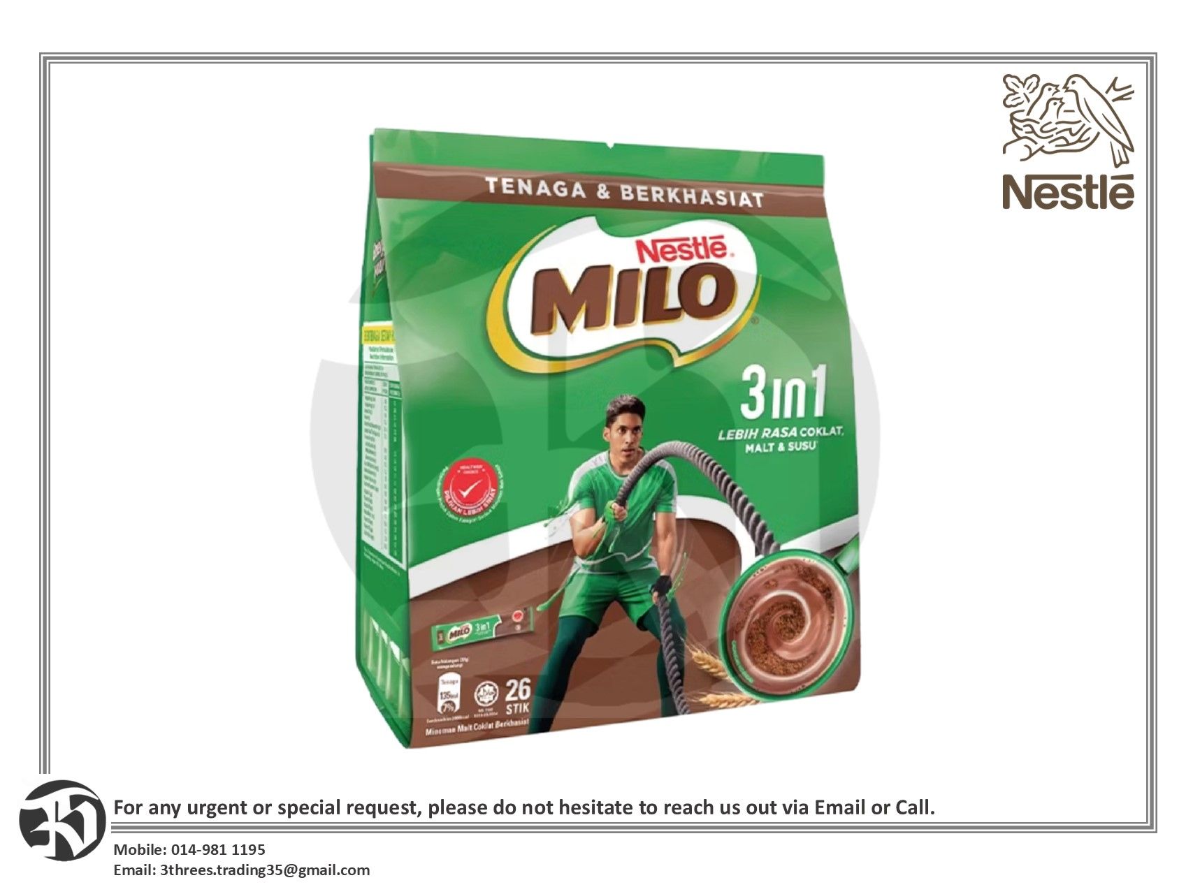 Nestle Milo 3 In 1 Chocolate Milk Drink (26's x 33g)